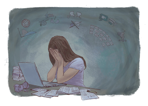 Illustration of an overwhelmed student sitting in front of laptop, her face in her hands. A broken piggy bank, a large stack of papers and a long TODO-list are scattered around the laptop on the desk. In the background above the student, semi-abstract icons symbolize data influx related to COVID-19, financial problems, loss of casual interaction, cancellation of lectures, connectivity problems, loss of productivity, and subsequent demands through emails.