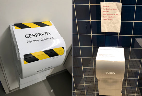 'Gesspert Für Ihre Sicherheit' ('Closed for your safety') sign on a Dyson AirBlade Hand-dryer in Graz, Austria (left). 'Caution, hand dryer out of service. Please use the provided paper towels,' sign at the Lindt Home of Chocolate Museum, Kilchberg, Switzerland (right). Sept 2021. Photos by Ilona Posner