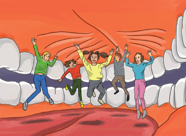 A painting of the inside view of the human mouth, with five children jumping on the "tongue" of the human mouth.