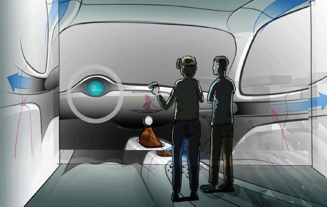 A painting to illustrate the Cave Automotive Virtual environment, where two design engineers are discussing the interior design of a car.