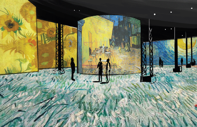 A painting to illustrate the 2019 Immersive Van Gogh show in Paris. Van Gogh's paintings including the sunflowers and the starry night are projected on the walls of a large open space with high ceilings. Visitors are immersed among Van Gogh's masterpieces.