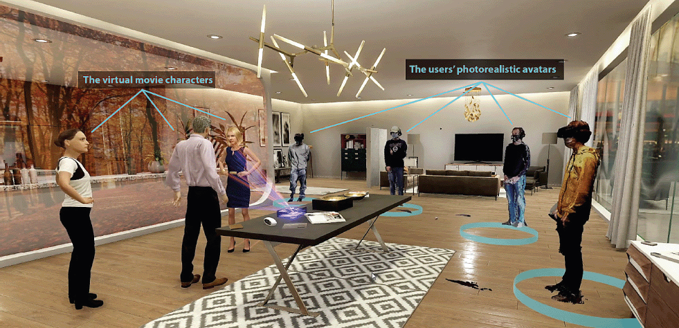 A screenshot of the "walk-into-the-movie" experience. There are three virtual movie characters and four photorealistic avatars of the users co-presenting in the same virtual living room, trying to solve the crime.