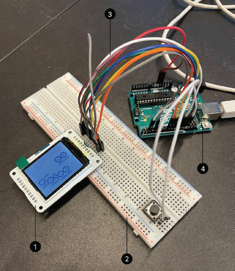 Prototyping the LCD screen of Shredit: An LCD screen showing images of the Arduino logotype connected to an Arduino Uno wired through a breadboard. 1. LCD Screen 2. Breadboard 3. Wires 4. Arduino Board