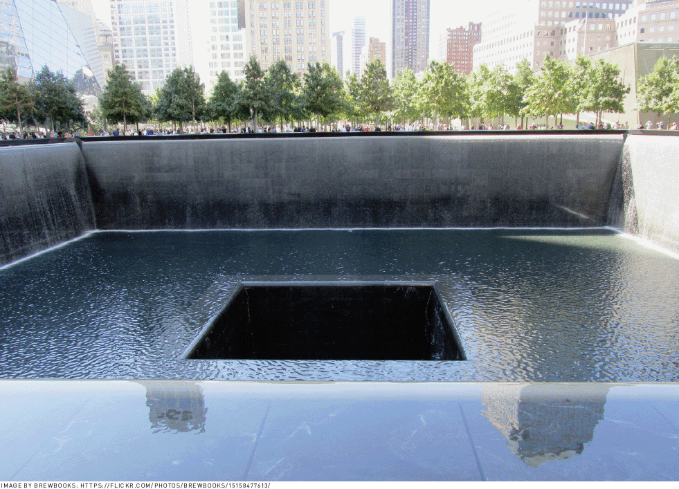 Reflecting Absence—a water pool at the memorial site of the Twin Towers symbolizing the loss of life and the physical void left by the attacks of September 11, 2011 in New York, USA.