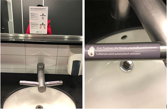 Faucet instructions in English, French, & German on the mirror (left). German only instructions on the faucet handle (right). Photos by Ilona Posner