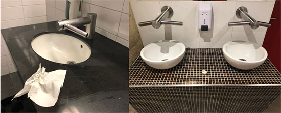 Wet counters with Dyson AirBlade Wash & Dry faucets in two different places at the Zurich airport (left) and the Louvre Museum, Paris (right). Photos by Ilona Posner